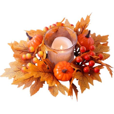 Corona de velas otoñales, 25 cm, hecha de plástico con calabazas, hojas de arce y bayas. (1/5)
