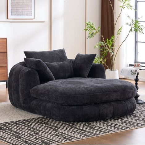 Chaise longue 184,5x145x76,5 cm de chenilla negra, sin montaje, para salón – MEUBLIV (1/5)