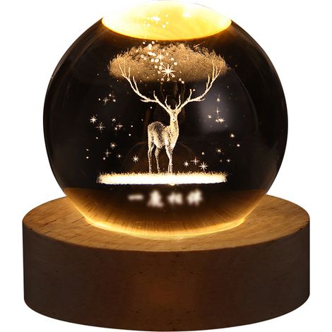 1 Veilleuse boule de cristal, gravure laser 3D système solaire, socle en bois, lumière blanc chaud, décoration chambre enfant (1/5)
