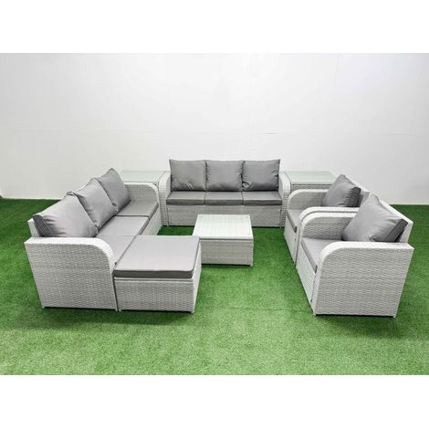 Fimous PE Rattan High Back Lounge Sofa Set Patio Square Coffee Table & Chairs Set with 3 Seater Sofa Reclining Chair Big Footstool 2 Side Table Light Grey (1/4)