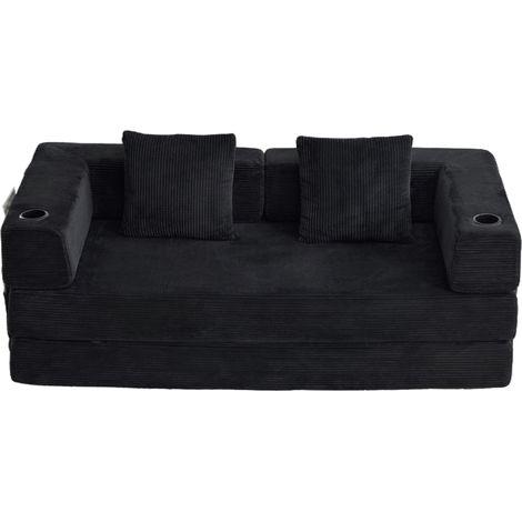 Schwarzes faltbares Boden-Schlafsofa aus Cord mit Armlehnen und Becherhaltern (1/5)