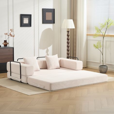 Sofá de suelo, sofá de compresión, sofá cama convertible con respaldo acolchado y reposabrazos, cómodo sofá cama futón, tejido de pana, para sala de estar y dormitorio, blanco. (1/5)