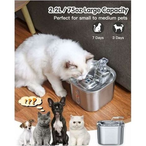 Fontaine a Eau Chat, 2.2L Fontaine INOX, Pompe à Eau Ultra-Silencieuse, Distributeur Eau Chien Lavable au Lave-Vaisselle (1/4)