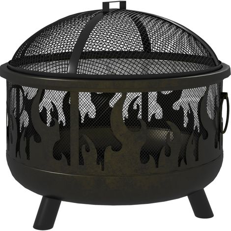 HOMVRA Feuerstelle für draußen aus schwarzem Metall Ø 61 cm mit Funkenschutz und Schürhaken (1/5)