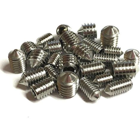Pack of 16 conical set screws, 5 mm long, with various metric threads: M3, M4, M5, and M6. Pack of A2 grade stainless steel hexagonal set screws.