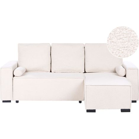 Divano letto angolare moderno a 3 posti in bouclé versione sinistra con braccioli contenitori e rivestimento reversibile bianco sporco Edane