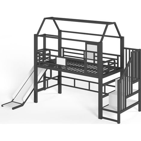 Lit Mezzanine Enfant 90 x 200 cm structure maison cadre métal noir toboggan rangement