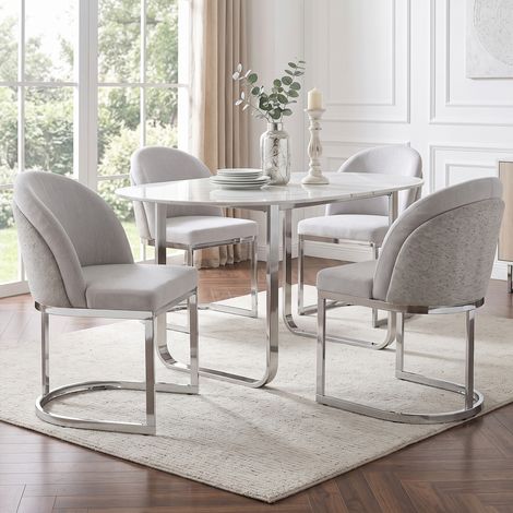 Lot de 4 chaises de salle à manger en tissu gris et métal argenté, dossier double design, assise confortable pour salon et restaurant CHICFURN (1/5)