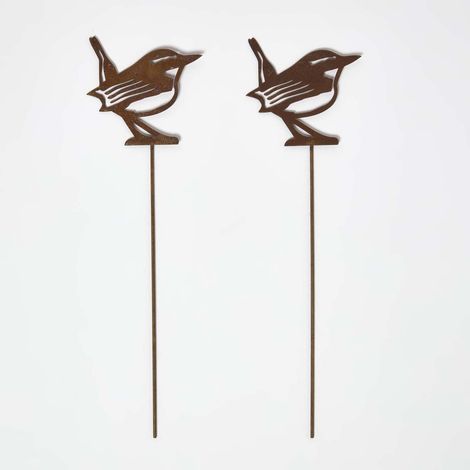 HOMESCAPES Gartenstecker Rost – Zaunkönig Gartendeko 2er-Set, wetterfeste Gartenfiguren aus Metall für draußen, Rost Deko für Garten, Terrasse & Balkon (1/5)