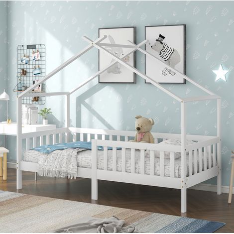 MEUBLIV Lit cabane 90x200 cm blanc – avec barrière de sécurité, sans matelas (1/5)