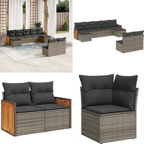 9-tlg. Garten-Sofagarnitur mit Kissen Grau Poly Rattan - Gartengestelle - Gartenmöbelset - Lounge Set - Rattan Möbel - Gartenlounge - Home & Living (1/5)
