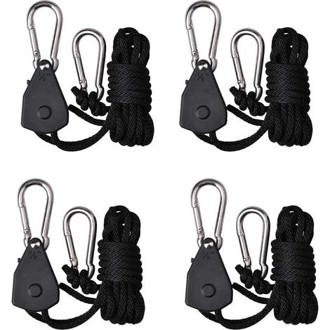 Kit de suspension à cliquet pour corde 4 pièces avec crochet et mousqueton pour plantes d'intérieur éclairage et ventilation longueur 2 m charge maximale 68 kg couleur noire (1/5)