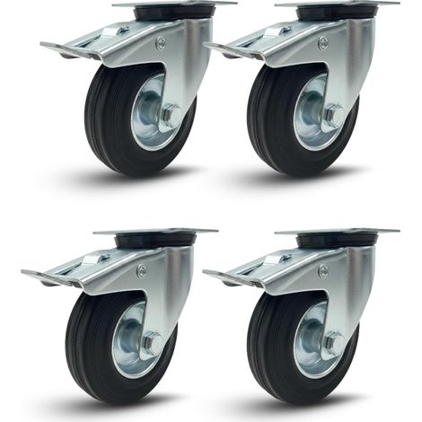 SET 4 RUOTE GIREVOLI CON FRENO 100mm ROTELLE SILENZIOSE PIROETTANTI IN GOMMA, PER CARRELLO CARICHI PESANTI MOBILI,ELETTRODOMESTICI, BANCHI DA LAVORO