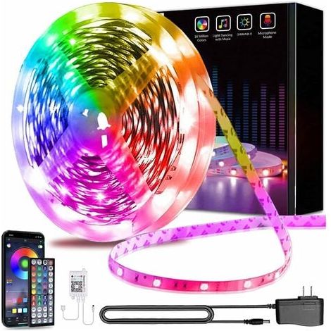 Striscia LED Bluetooth da 15 m, striscia LED RGB 5050 per camera da letto, striscia luminosa flessibile e multicolore, controllo tramite app per smartphone, sincronizzazione con funzione musica/timer (1/4)