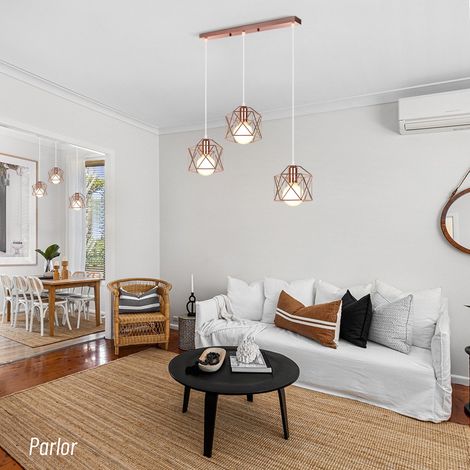 Metal Pendant Light, Industrial Geometric Squre Chandelier, Vintage Hanging Ceiling Lamp with Wire Cage Lampshade (Rose Gold) (1/5)