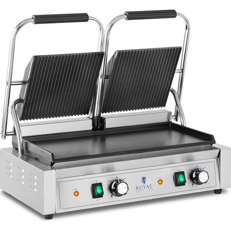 Machine à panini double appareil toaster rainurée + lisse 3600 watts 50 - 300 °C avec collecteur de graisse inox fonte de fer professionnelle