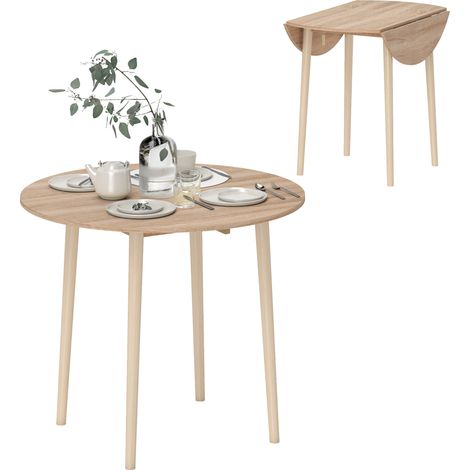HOMCOM Folding Dining Table for 4, Round Drop Leaf Table, Modern Space Saving Small Kitchen Table with Wood Legs for Dining Room Natural