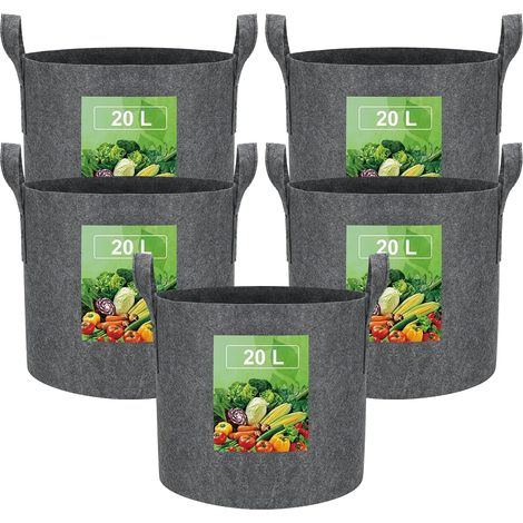 20L Sac de Plantation Terre en Tissu avec Poignée,Sacs de Culture de Plantes Réutilisable pour Cultiver Pommes Terre,Tomates,Légumes,Fleurs,Un Pot de Jardin Épaissi et Aéré,5pcs Gris (1/5)