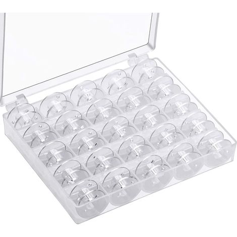 Paquete de 25 bobinas de plástico transparente, de 2 cm de diámetro y 1 cm de altura, para máquinas de coser domésticas, con caja de almacenamiento. (1/5)