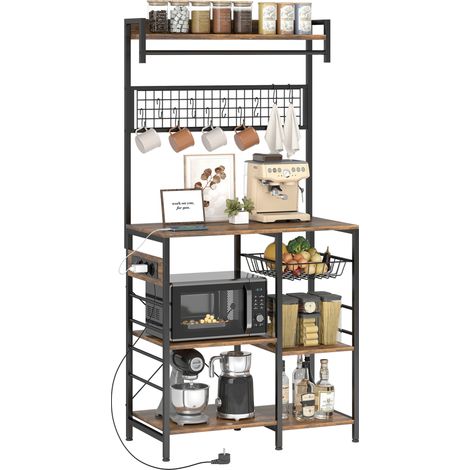 HOMCOM estantería de cocina con tres enchufes y luces LED con estantes para microondas, cesta, ganchos, barra, industrial, 80x42x162cm, marrón rústico