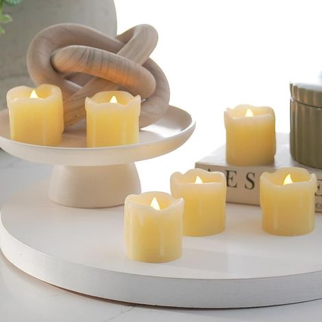 Lot de 6 Bougies chauffe-plat LED Effet flamme vacillante en cire véritable Lumière blanche chaude Piles incluses Décoration intérieure (1/5)