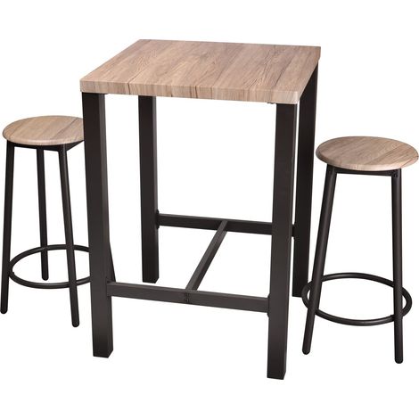 Table bar avec 2 tabourets indus – Métal et MDF imitation chêne – Dimensions table L. 60 x l. 60 x H. 86 cm – Parfaite pour petits espaces – Urban Living
