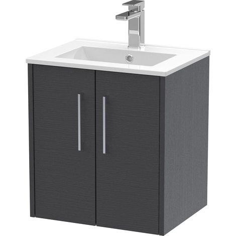Winshill Contemporary 2 Door Wall Hung Vanity Unit with Minimalist Basin, Woodgrain Dark Grey, 500mm