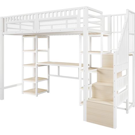 Hochbett 90 x 200 cm aus Metall und MDF mit Schreibtisch, Stauraum, Leiter und weißem LED-Lichtband (1/5)