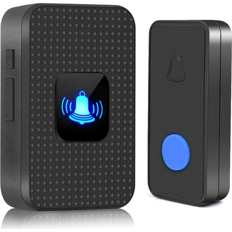 Kabellose Mini-Türklingel, IP55 wasserdicht, elektronisches Außenklingel-Set mit 300 m Reichweite, 55 Melodien und 5 Lautstärkestufen, blauer LED für Zuhause, Büro, Hotel, Notfälle, Schwarz (1/4)