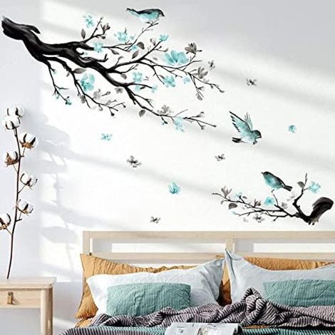 Muraux Stickers Branche de Fleur Autocollant Mural Fleurs Bleues Arbre Oiseaux Décoration Murale Enfants Chambre Salon (1/4)
