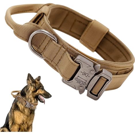Taktisches Hundehalsband, verstellbares Militär-Nylonhalsband mit Kontrollgriff, taktische einziehbare Leine mit Metallschnalle für mittelgroße und große Hunde, Größe L (1/5)