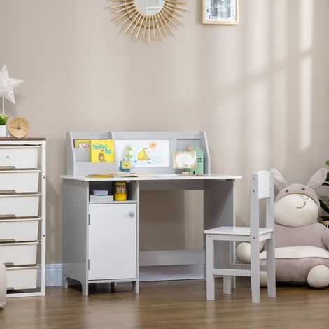 Conjunto de mesa y silla infantil con pizarra blanca - escritorio para niños de 5 años en adelante - 90 cm de largo x 45 cm de ancho x 85 cm de alto, color gris.