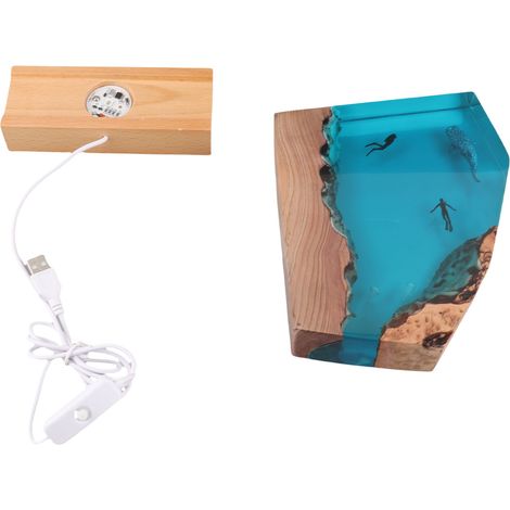 Ortviai Lampe de Bureau en Résine Époxy et Bois – Veilleuse Océanique avec Baleine et Plongeur, 23 cm (1/5)