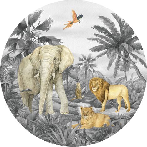 papier peint panoramique rond adhésif animaux de la jungle gris  - Sanders & Sanders (1/3)
