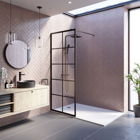 Wet Room Screen Walk In Enclosure 8mm Grid Glass Frameless Black 800mm (1/5)