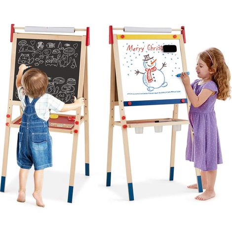 COSTWAY Cavalletto per Bambini 3 in 1, Lavagna Bifacciale, Cavalletto per Disegnare, con Rotolo di Carta, Lavagna Bianca Magnetica, Accessori Completi, in Legno (60x55x(112,5-124,5) cm) (1/5)
