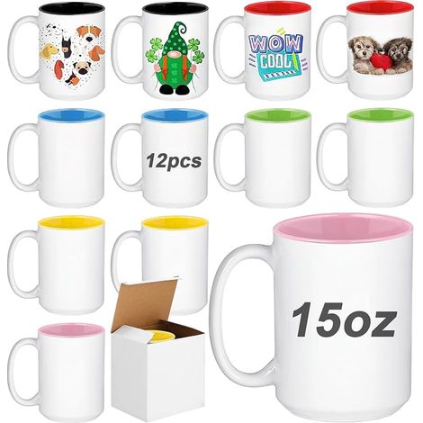 Mugs Blancs Sublimables 15 oz avec Intérieur Coloré – Tasses en Céramique pour Sublimation à Poignée Café, Thé, Lait, Chocolat Chaud, DIY (1/5)
