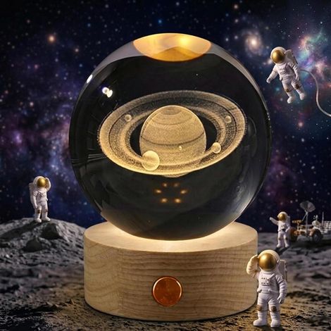 Sphère en Verre K9 Transparente Lampe Boule de Cristal 3D Saturne 80mm (1/5)