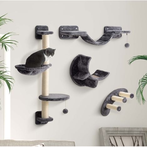 Mur d’escalade pour chat 4 pièces avec hamac mural et pont, jusqu’à 5 kg, gris foncé (1/5)