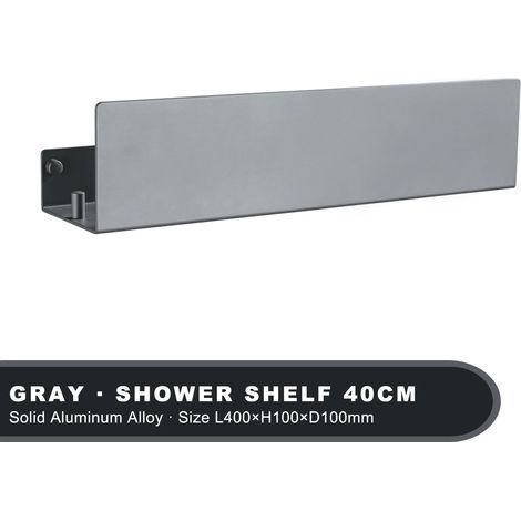 Étagère de rangement murale pour salle de bain (gris, 40 cm) avec crochets, en aluminium, pour la cuisine et la douche. (1/5)