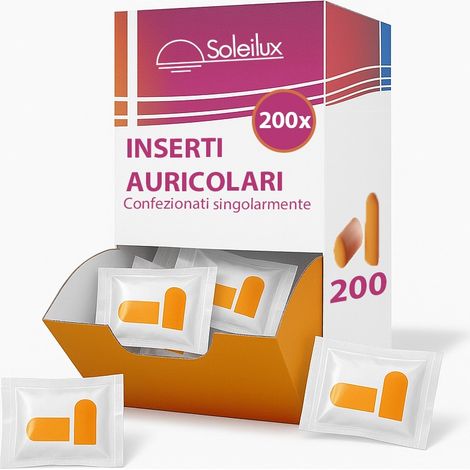 200 Coppie Inserti Auricolari Antirumore SNR 38 dB, Confezionate Singolarmente, Con dispenser Tappi per Orecchie 5-11 mm, Protezione Udito per Lavoro e Industria