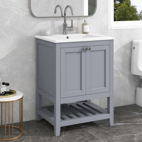 Meuble sous-vasque 60 cm gris clair avec lavabo en céramique