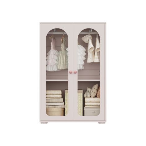 Armoire d’enfant rose à double porte vitrée arche 80×50×120cm, penderie multifonction avec tringle à vêtements et étagères modulables pour chambre bébé (1/5)