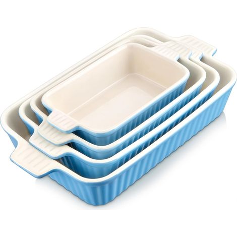 Lot de 4 Plats à Four en Céramique avec Poignées, Plats Rectangulaires en Porcelaine Bleu, 3020ml, 2080ml, 1480ml, 850ml, Passe au Lave-vaisselle, Idéaux pour Cuisson et Gratin (1/5)
