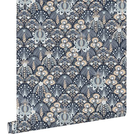 papier peint fleurs vintage de style art nouveau bleu  - ESTAhome