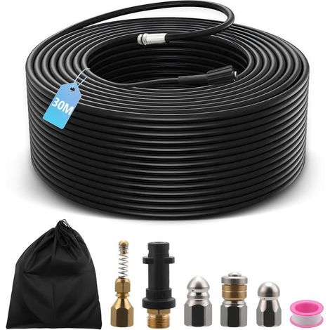 Furet Deboucheur Canalisation Haute Pression 30M,Tuyau Flexible 210 Bar 60°C,Avec Adaptateur,Buse Fixe/Rotative,Rallonge De (1/5)