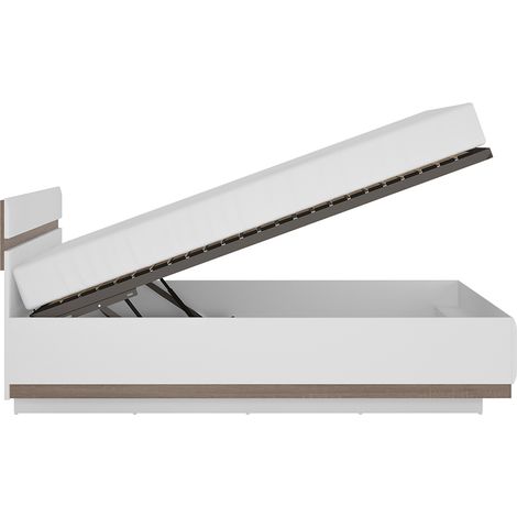 Doppelbett 140cm mit aufklappbarem Bettgestell LEGNICA-129 in weiß Hochglanz mit Trüffel Eiche Nb., B/H/T ca. 145,2/88,5/206,4 cm (1/4)