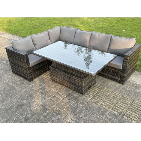 Fimous 6 Seater PE Rattan Corner Sofa Set Rising Adjustable Dining Table Set With Seat And Back Cushion (1/4)