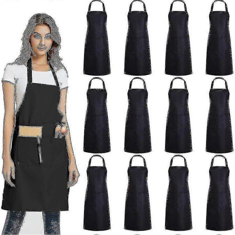 Packung mit 12 schwarzen Unisex-Schürzen mit 2 Taschen, Großhandel. (1/4)