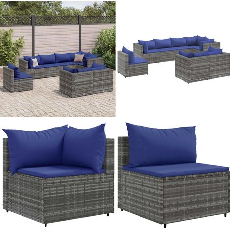 8-tlg. Garten-Lounge-Set mit Kissen Grau Poly Rattan - Gartenmöbel - Lounge Set - Outdoor Möbel - Rattan Gartenmöbel - Gartenloungeset - Home & Living (1/5)